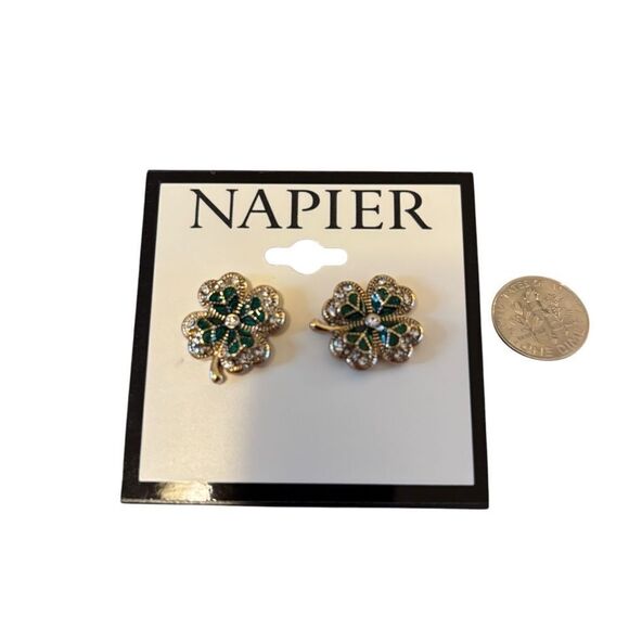 Napier Gold, Green & Pave Crystal 4 Leaf Clover Earrings. - Picture 6 of 6